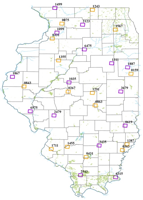 Map of Illinois showing 30 squares representing NABat survey cells