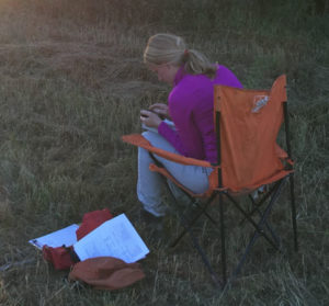 A bat research sets up with data sheets, counter, and a great view of the sky and the roost. Staying quite and keep a good distance from the roost allows us to get count estimates of roost size.